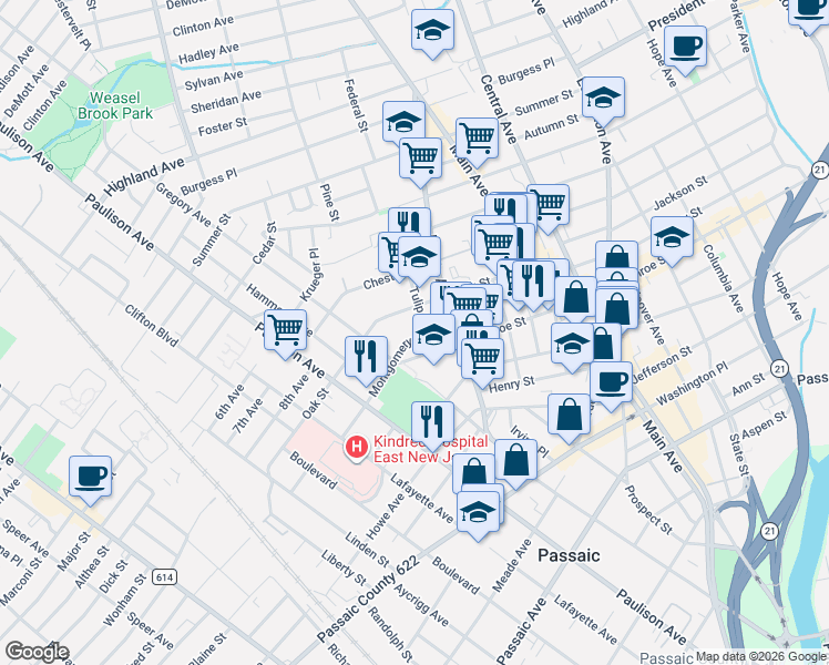 map of restaurants, bars, coffee shops, grocery stores, and more near 9-11 Tulip Street in Passaic