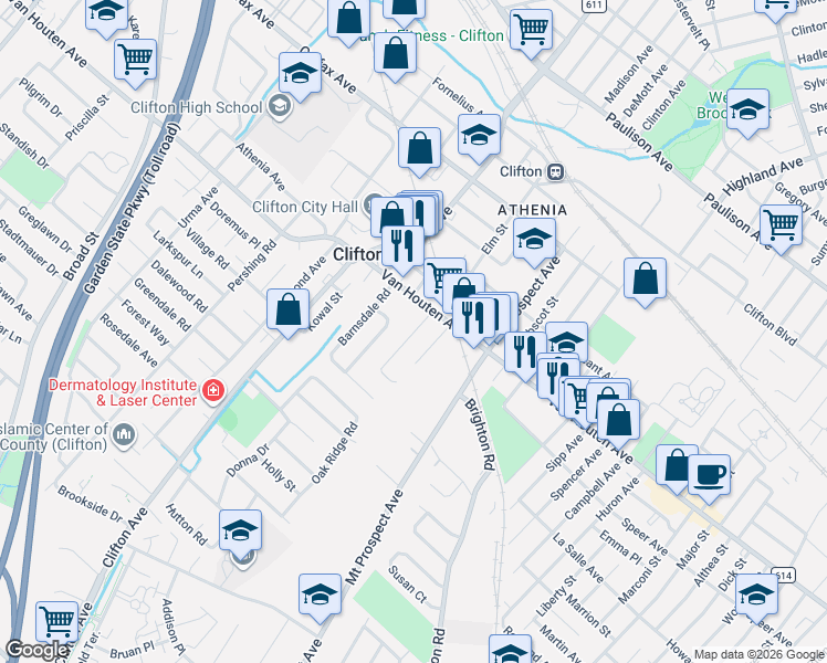 map of restaurants, bars, coffee shops, grocery stores, and more near 18 Van Vliet Court in Clifton