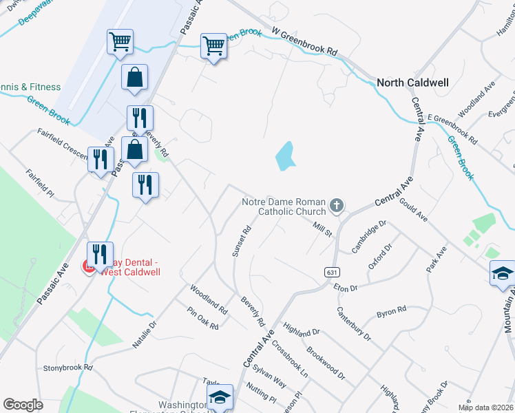 map of restaurants, bars, coffee shops, grocery stores, and more near 64 Sunset Road in Fairfield