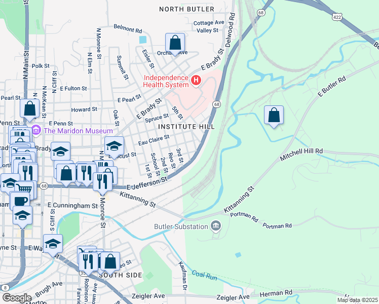 map of restaurants, bars, coffee shops, grocery stores, and more near 531 Carbon Street in Butler