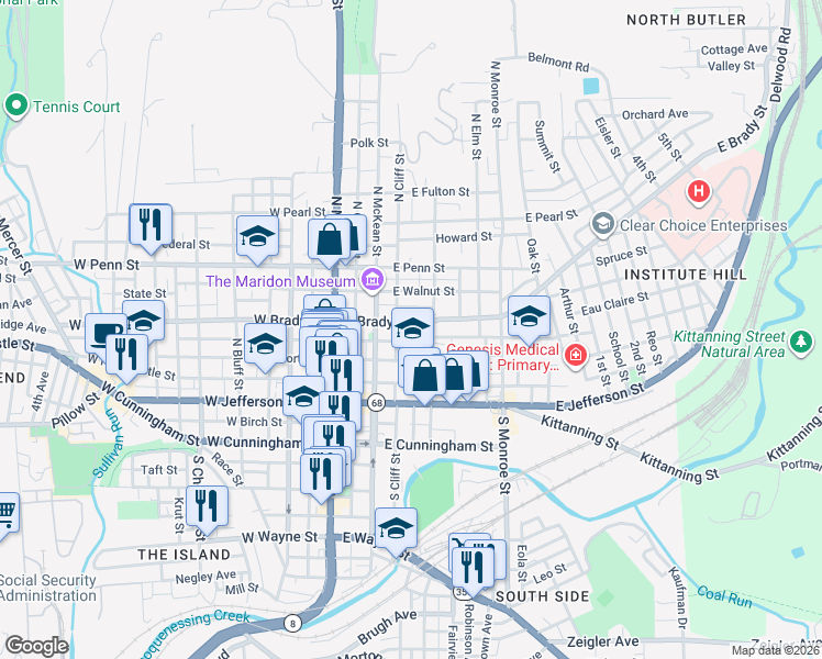 map of restaurants, bars, coffee shops, grocery stores, and more near 222 Franklin Street in Butler