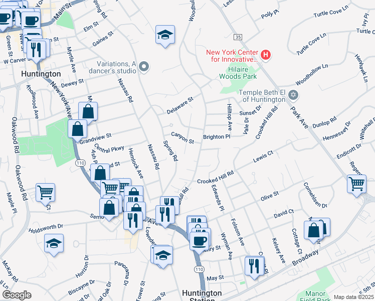 map of restaurants, bars, coffee shops, grocery stores, and more near 39 Virginia Avenue in Huntington