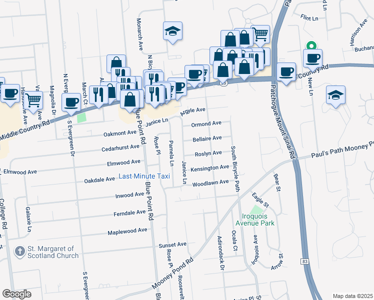 map of restaurants, bars, coffee shops, grocery stores, and more near 43 Janice Lane in Selden