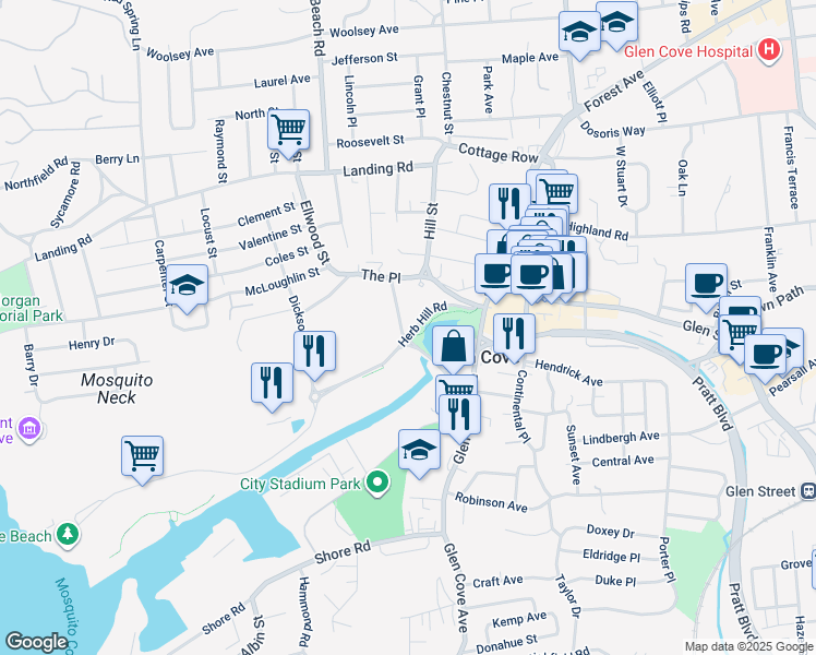 map of restaurants, bars, coffee shops, grocery stores, and more near 42 Herb Hill Road in Glen Cove