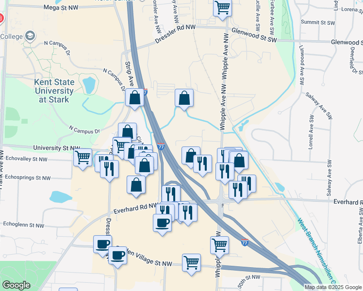 map of restaurants, bars, coffee shops, grocery stores, and more near 4162 Independence Circle Northwest in North Canton