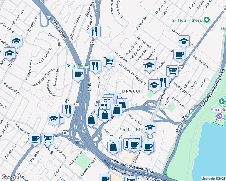 map of restaurants, bars, coffee shops, grocery stores, and more near 3051 Edwin Avenue in Fort Lee