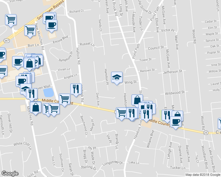 map of restaurants, bars, coffee shops, grocery stores, and more near 3 Hamilton Place in Lake Grove