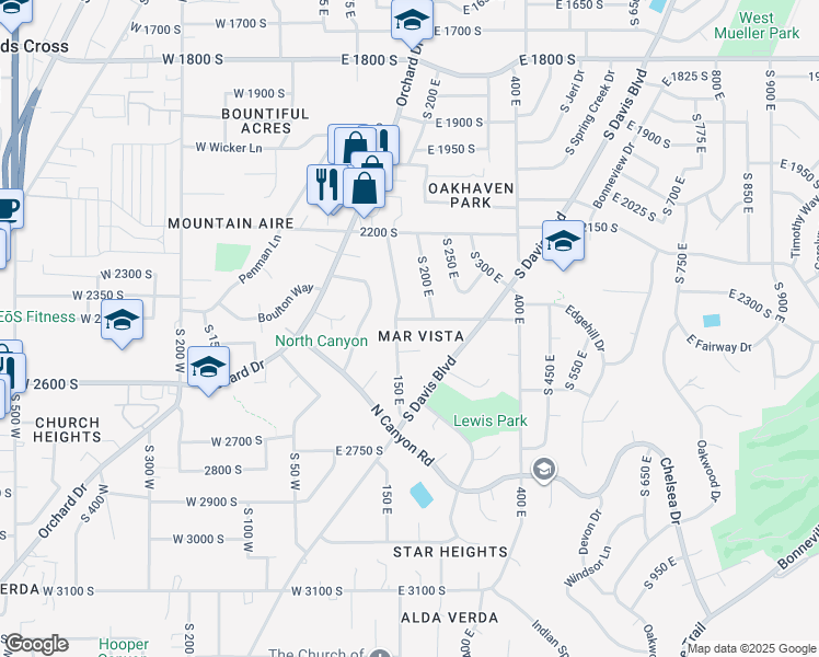 map of restaurants, bars, coffee shops, grocery stores, and more near 2480 150 East in Bountiful