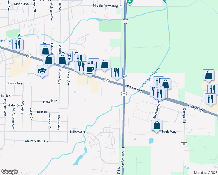 map of restaurants, bars, coffee shops, grocery stores, and more near 1251 East Main Street in Ashland
