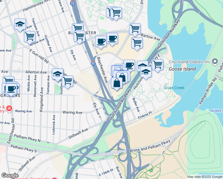 map of restaurants, bars, coffee shops, grocery stores, and more near 260 Baychester Avenue in The Bronx