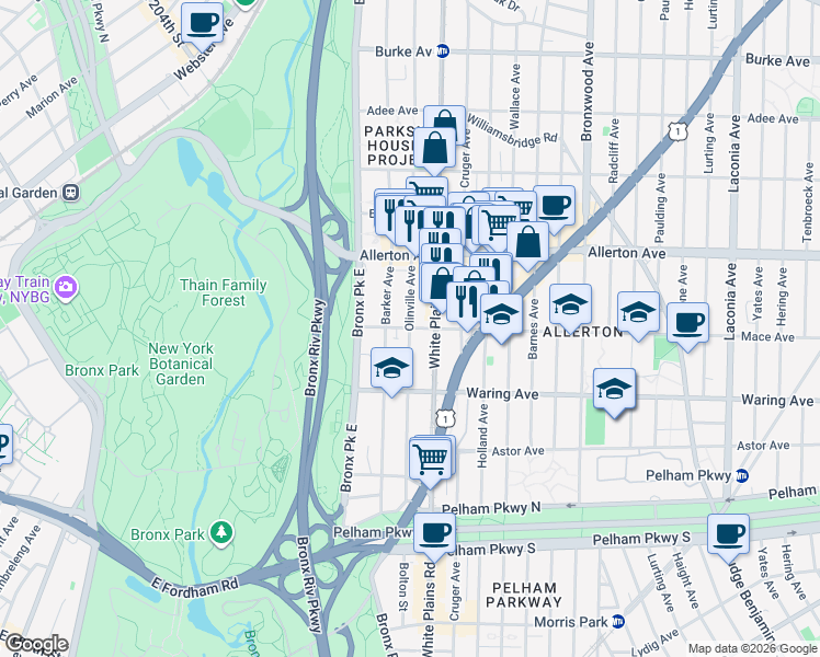 map of restaurants, bars, coffee shops, grocery stores, and more near Mace Avenue & Olinville Avenue in Bronx