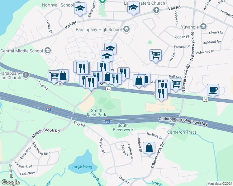 map of restaurants, bars, coffee shops, grocery stores, and more near 1315 U.S. 46 in Parsippany-Troy Hills
