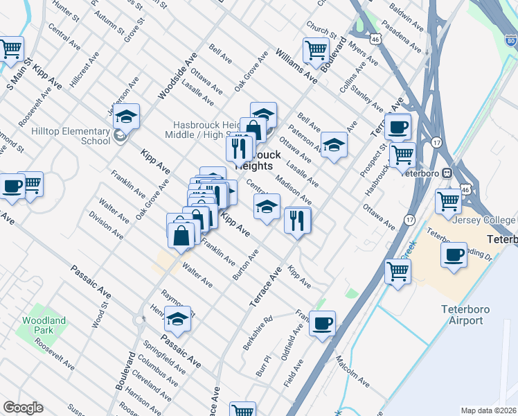 map of restaurants, bars, coffee shops, grocery stores, and more near 243 Washington Place in Hasbrouck Heights
