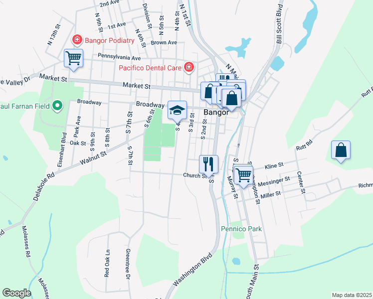 map of restaurants, bars, coffee shops, grocery stores, and more near 332 South 3rd Street in Bangor