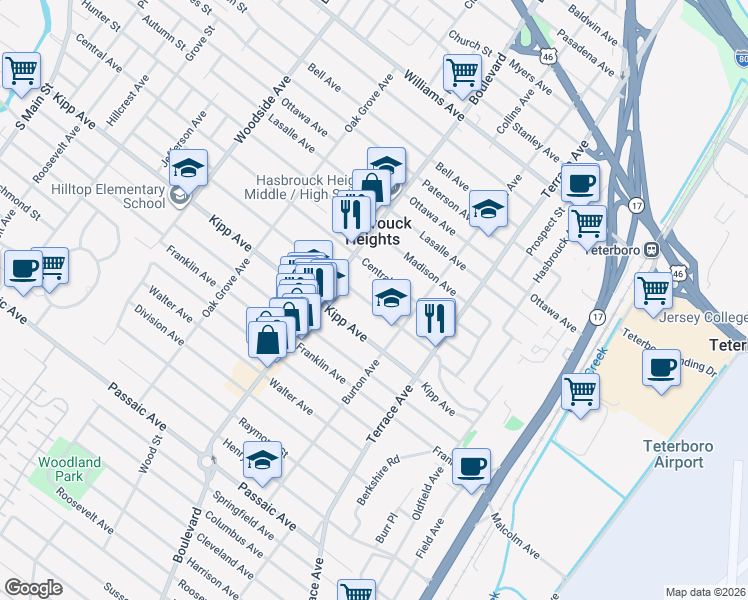 map of restaurants, bars, coffee shops, grocery stores, and more near 243 Washington Place in Hasbrouck Heights