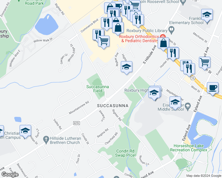 map of restaurants, bars, coffee shops, grocery stores, and more near 2 Robinson Avenue in Roxbury Township