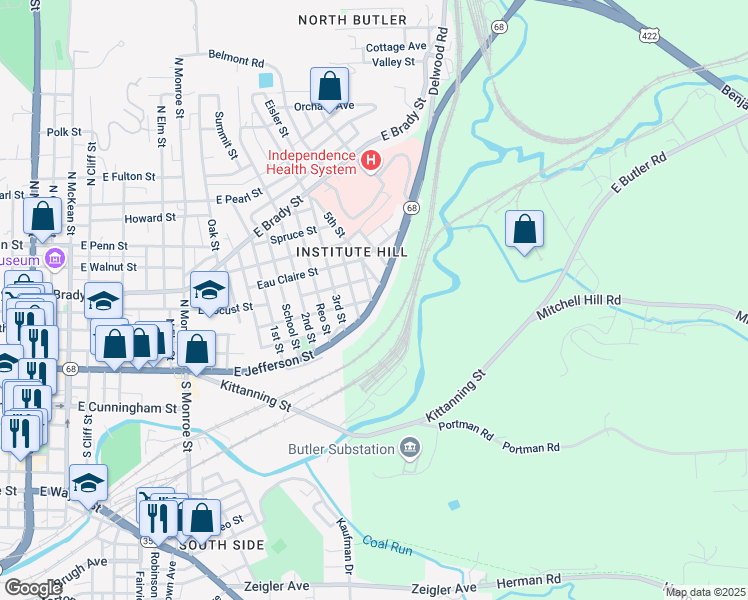 map of restaurants, bars, coffee shops, grocery stores, and more near 531 Carbon Street in Butler