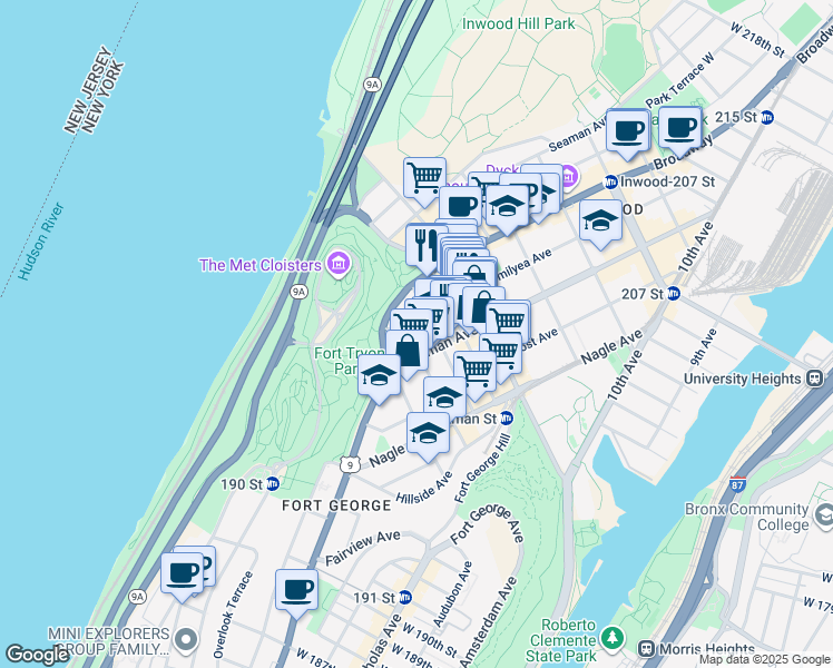 map of restaurants, bars, coffee shops, grocery stores, and more near 23 Dongan Place in New York