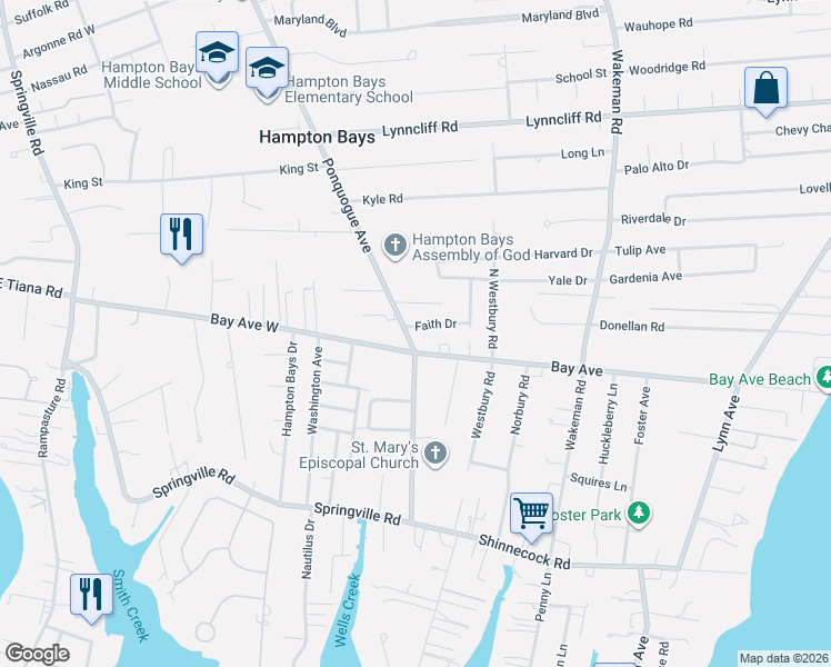 map of restaurants, bars, coffee shops, grocery stores, and more near 85 Bay Avenue West in Hampton Bays