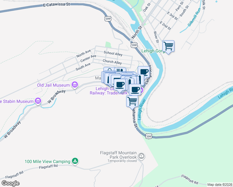 map of restaurants, bars, coffee shops, grocery stores, and more near 138-222 West High Street in Jim Thorpe