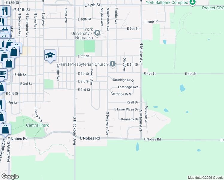 map of restaurants, bars, coffee shops, grocery stores, and more near 2 Eastridge Drive South in York