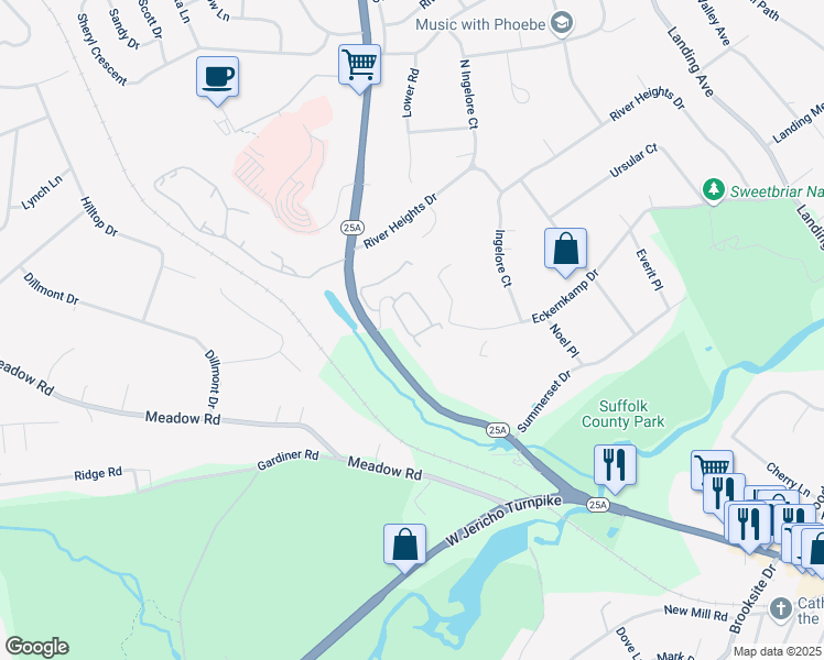map of restaurants, bars, coffee shops, grocery stores, and more near 30 Willow Ridge Drive in Smithtown