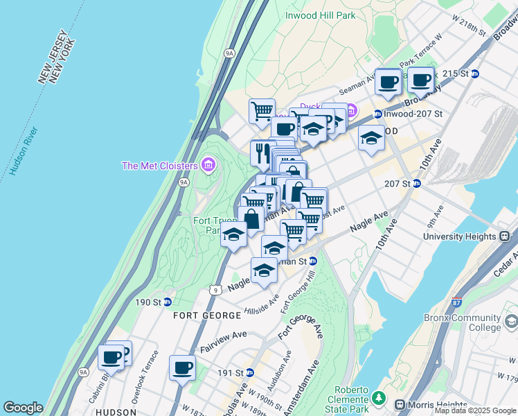 map of restaurants, bars, coffee shops, grocery stores, and more near 25 Dongan Place in New York