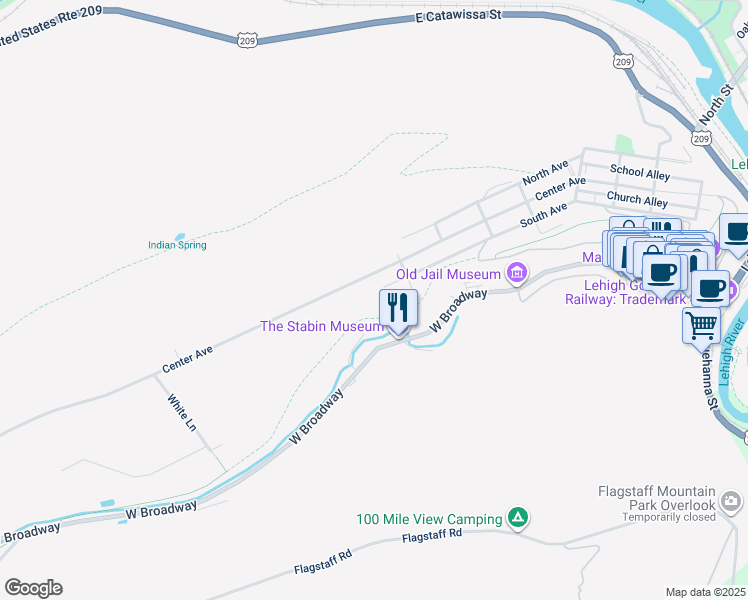 map of restaurants, bars, coffee shops, grocery stores, and more near South Avenue in Jim Thorpe