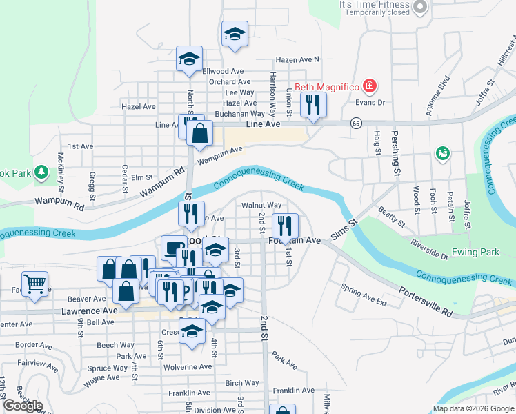 map of restaurants, bars, coffee shops, grocery stores, and more near 22 2nd Street in Ellwood City