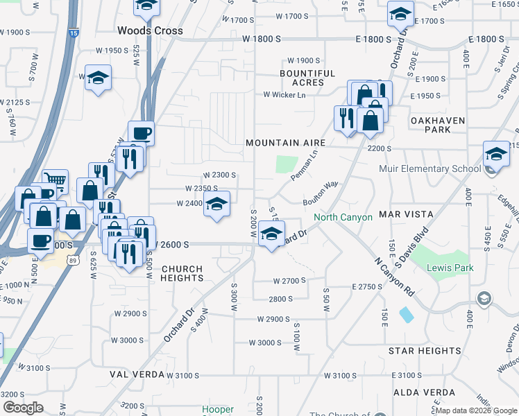 map of restaurants, bars, coffee shops, grocery stores, and more near 2482 South 150 West in Bountiful