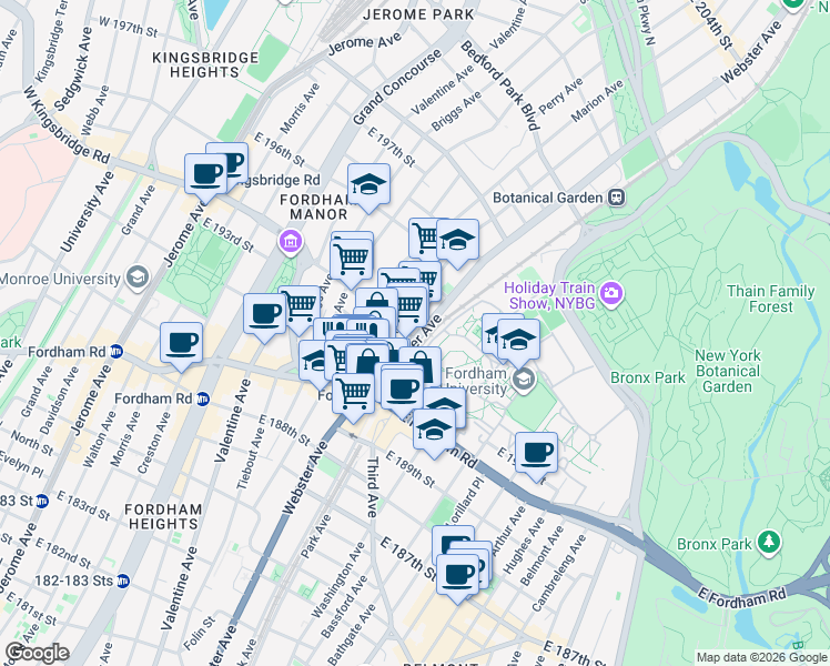 map of restaurants, bars, coffee shops, grocery stores, and more near in The Bronx