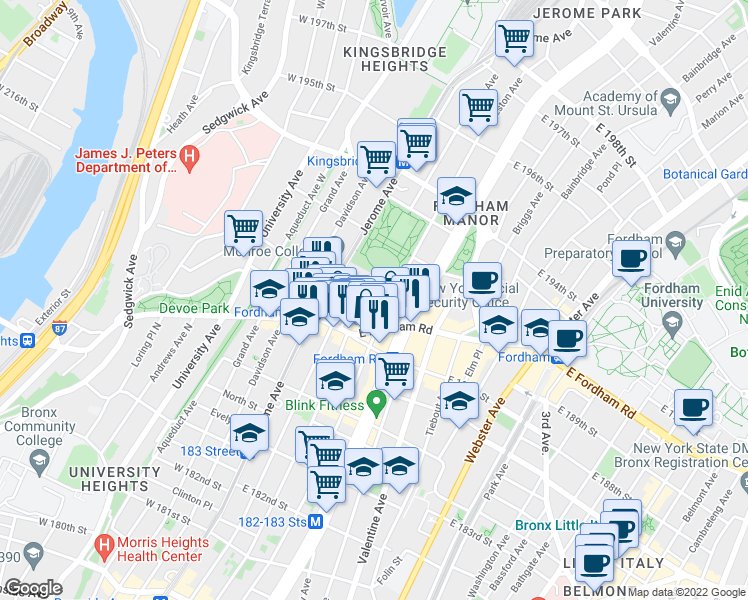 map of restaurants, bars, coffee shops, grocery stores, and more near 58 East 190th Street in Bronx