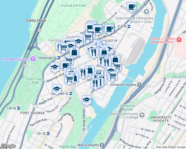 map of restaurants, bars, coffee shops, grocery stores, and more near 232 Nagle Avenue in New York