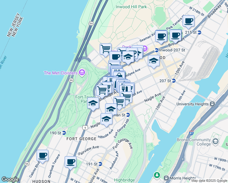 map of restaurants, bars, coffee shops, grocery stores, and more near 48 Sherman Avenue in New York