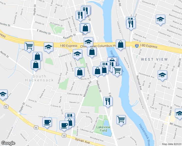 map of restaurants, bars, coffee shops, grocery stores, and more near 487 Hudson Street in Hackensack