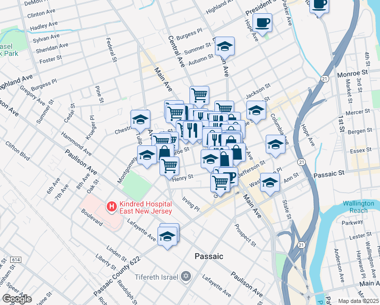 map of restaurants, bars, coffee shops, grocery stores, and more near 10 Martha Place in Passaic