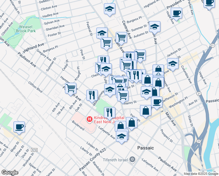 map of restaurants, bars, coffee shops, grocery stores, and more near 9-11 Tulip Street in Passaic