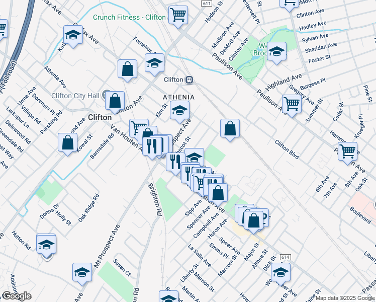 map of restaurants, bars, coffee shops, grocery stores, and more near 105 Sargeant Avenue in Clifton