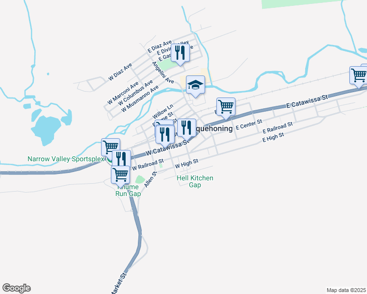 map of restaurants, bars, coffee shops, grocery stores, and more near 109 West Catawissa Street in Nesquehoning