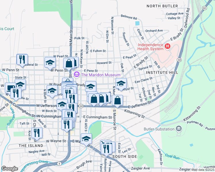 map of restaurants, bars, coffee shops, grocery stores, and more near 324 East Locust Street in Butler