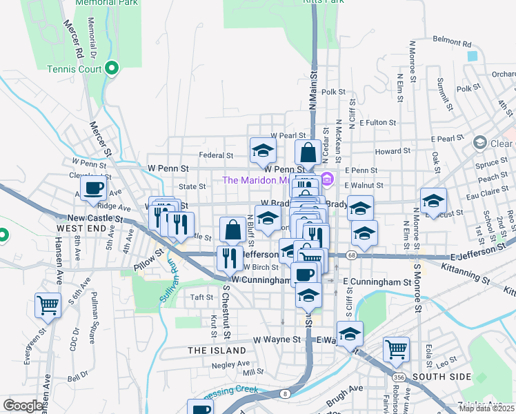 map of restaurants, bars, coffee shops, grocery stores, and more near 219 North Bluff Street in Butler