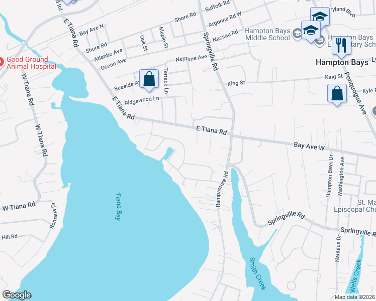 map of restaurants, bars, coffee shops, grocery stores, and more near 40 Grant Boulevard in Hampton Bays