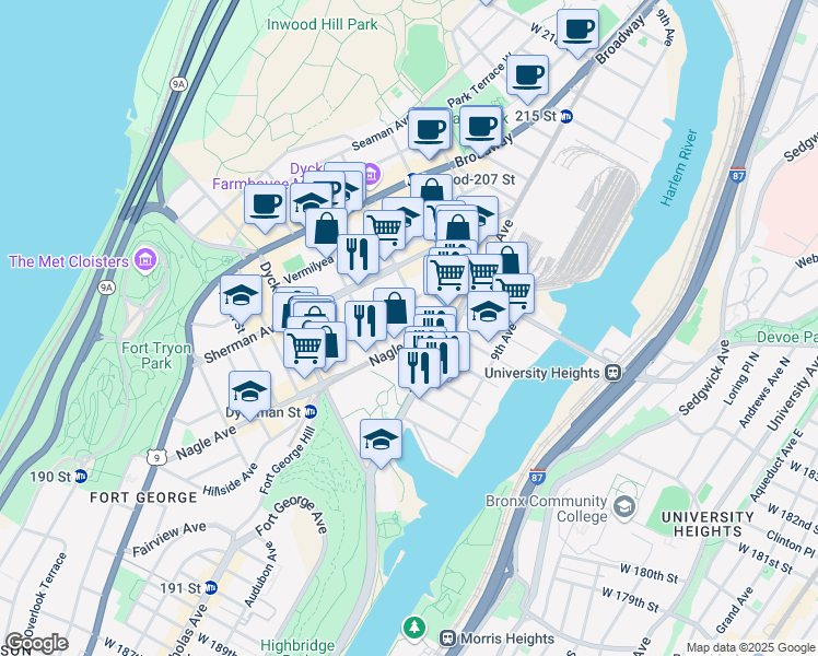 map of restaurants, bars, coffee shops, grocery stores, and more near 232 Nagle Avenue in New York