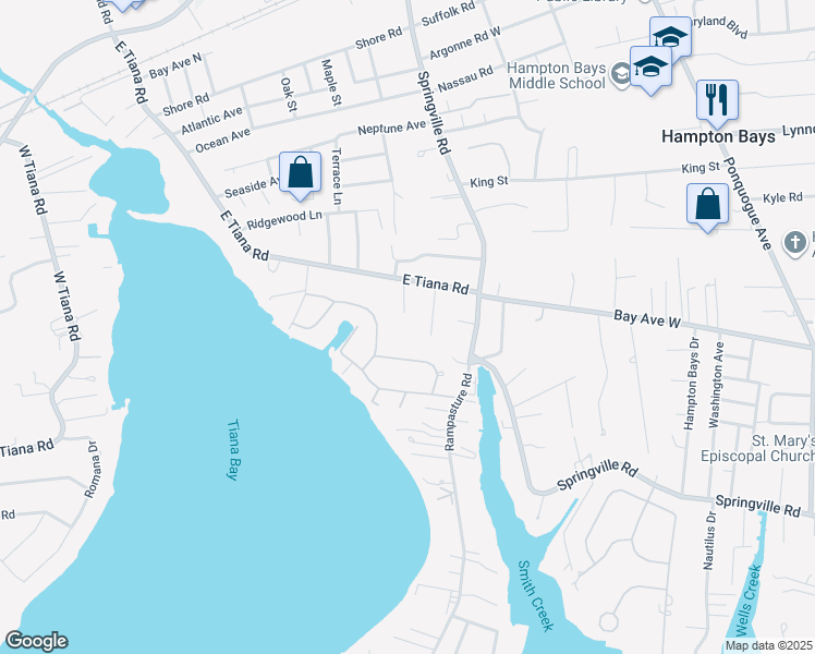 map of restaurants, bars, coffee shops, grocery stores, and more near 98 East Tiana Road in Hampton Bays