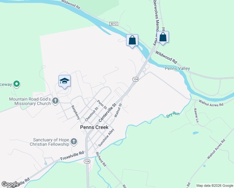 map of restaurants, bars, coffee shops, grocery stores, and more near Sr1 104 in Penns Creek