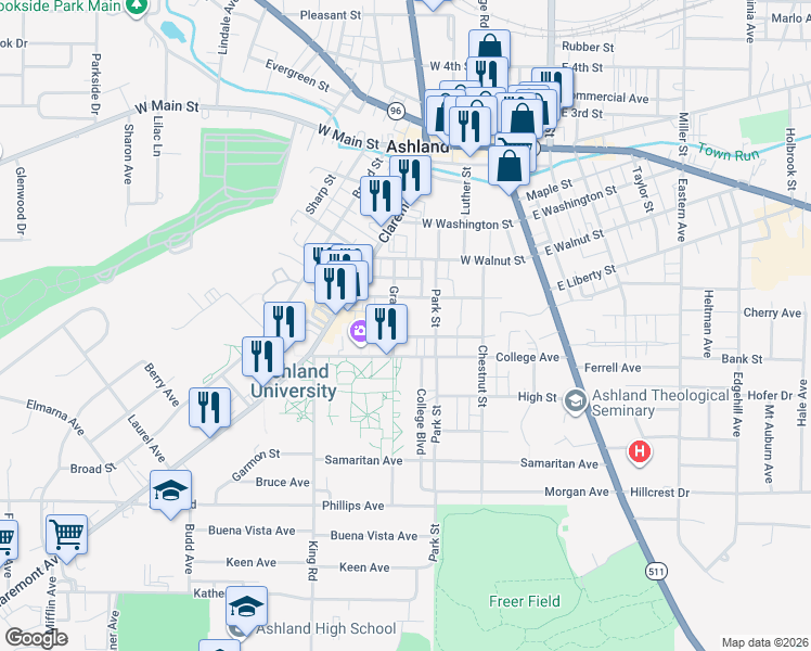 map of restaurants, bars, coffee shops, grocery stores, and more near 320 College Avenue in Ashland
