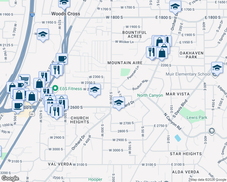 map of restaurants, bars, coffee shops, grocery stores, and more near 2482 South 150 West in Bountiful
