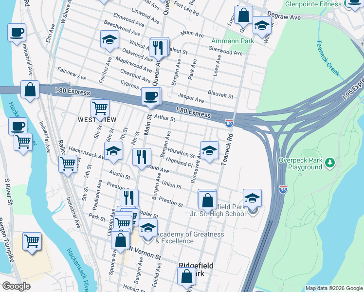 map of restaurants, bars, coffee shops, grocery stores, and more near 66 Hazelton Street in Ridgefield Park