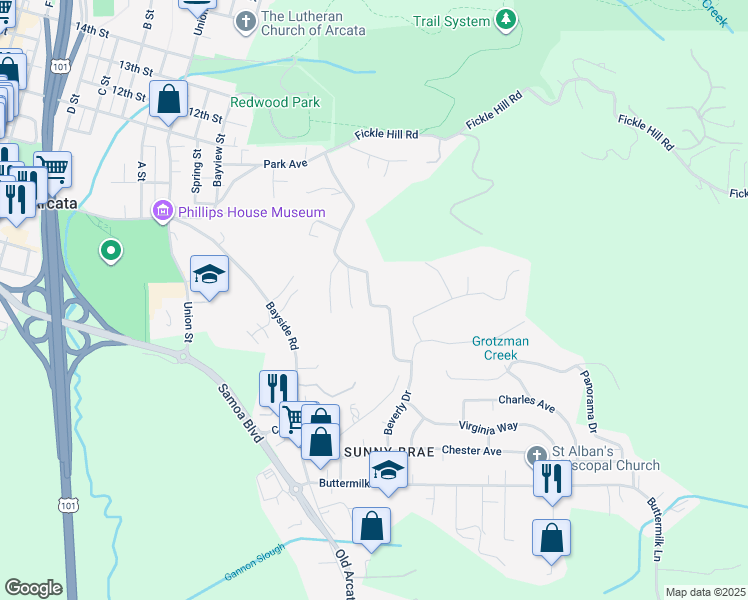 map of restaurants, bars, coffee shops, grocery stores, and more near 812 Shirley Boulevard in Arcata