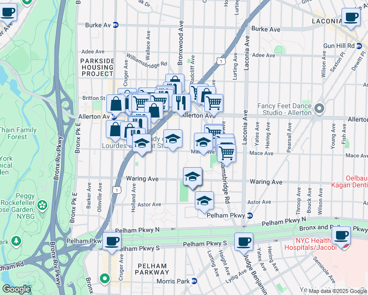 map of restaurants, bars, coffee shops, grocery stores, and more near in The Bronx